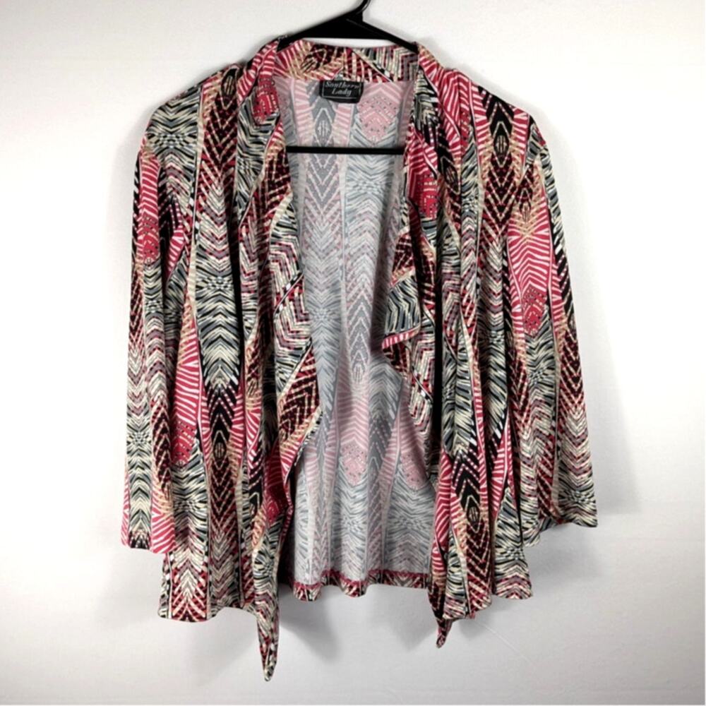 Southern Lady L Open Front Cardigan Pink Black Geometric Print Lightweight Top